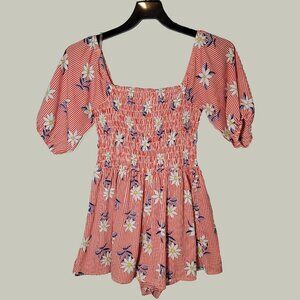 True Destiny Womens Romper  Floral Pattern Striped Red White  Size M